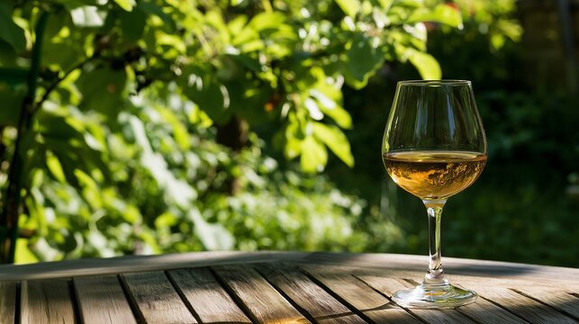 Glass of Calvados on a garden table, warm summer evening drink