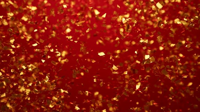Golden confetti scattered on a red background, festive celebration