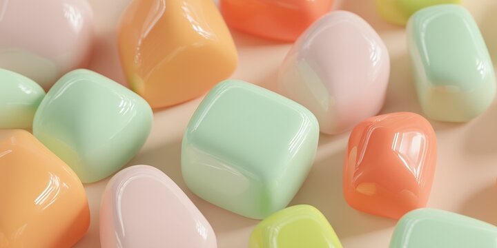 Pastel glossy dessert-inspired shapes, candy-like and sweet