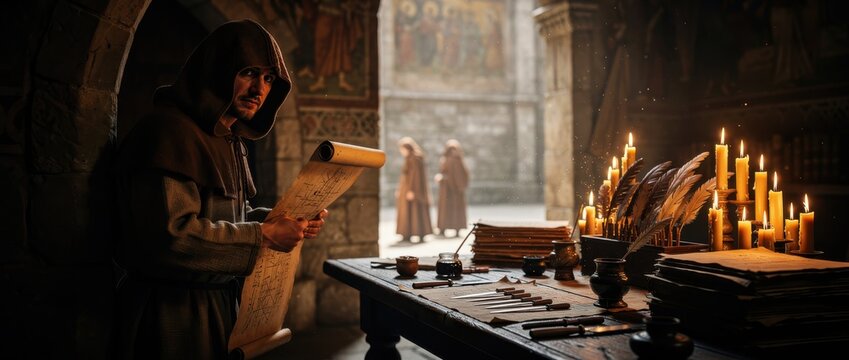 Medieval monk in hooded robe holding old parchment scroll. He stands in dark scriptorium filled with candles and quills. Historical mystery concept for cinematic and educational projects.