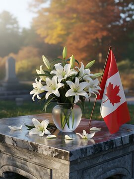 Canadian Flag With White Lilies On Grave Memorial In Autumn Setting