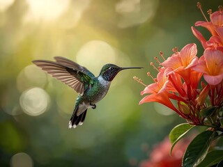 Naklejka premium Generative AI captures a vibrant hummingbird approaching a cluster of orange lilies