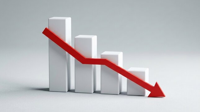 Red arrow graph shows decline and downward trend in business financial performance with white bar chart on gray background, representing economic recession.