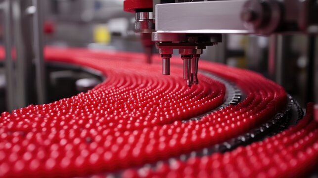 Automated production line with red objects