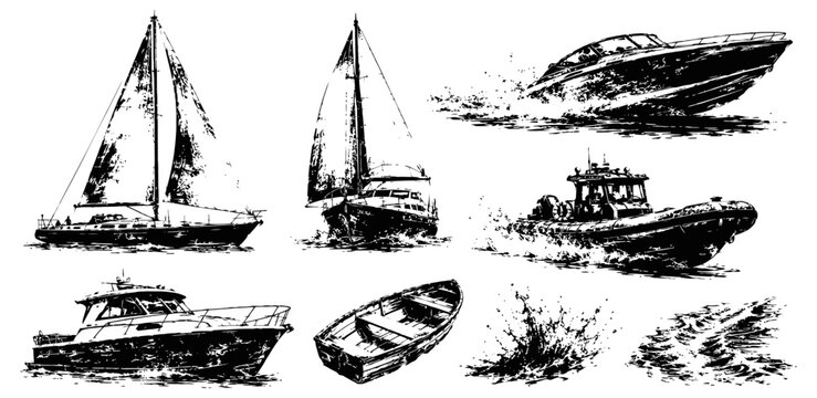 Set of black and white nautical boats and water splashes silhouettes with speedboat, sailboat, motorboat, and rowboat