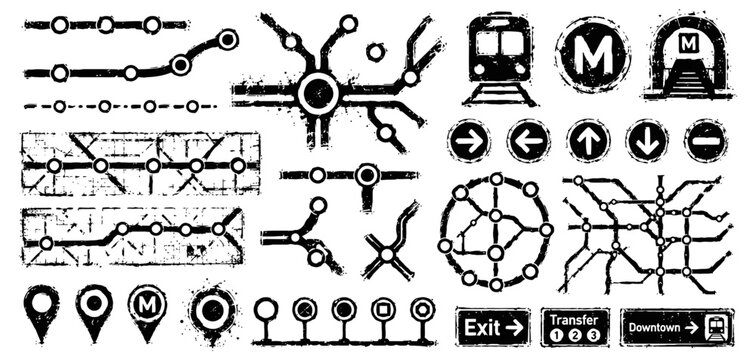 urban transit map icons and symbols metro lines, train, station signs, navigation arrows and location markers