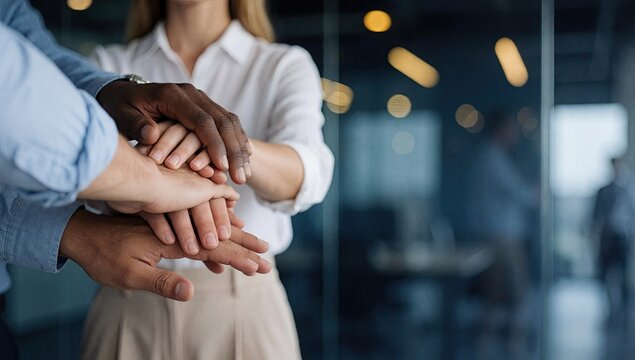 A multicultural business team holding hands in the office. The concept of unity and cooperation. Close-up on a blurred corporate background.