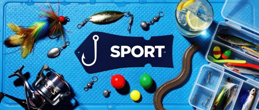 Fishing gear and tackle flat lay with Sport label on blue background. Variety of lures, spinning reel, and hooks arranged around a drink. Outdoor recreation and angling hobby concept.