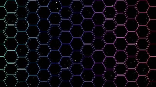 Abstract digital background with glowing colorful hexagon honeycomb pattern on a black surface 4K Motion Video