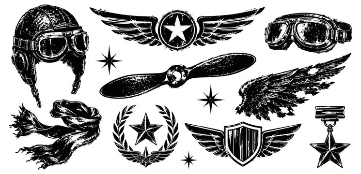Vintage aviation elements collection retro pilot helmet, goggles, propeller, wings, and military medals in black silhouette