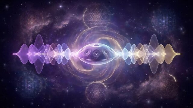 Abstract sound waves with a hang drum floating in a nebula space background. Ideal for meditation apps, music posters, spiritual projects.
