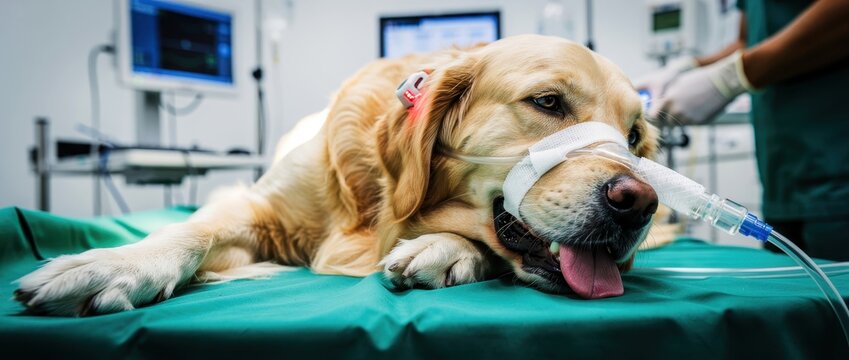 Golden retriever on a surgical table. Dog under anesthesia with monitor in a clinic. Animal healthcare concept for veterinary marketing.