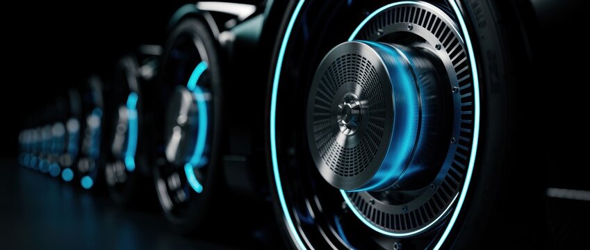 Futuristic vehicle wheels with glowing blue neon lights in a row. Metallic turbine rims featuring advanced automotive design. High-tech transport concept for electric car marketing campaigns.