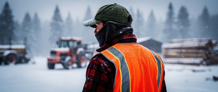 Worker in safety vest at snowy lumber yard. Logger observing timber operations near machinery in winter. Forestry labor concept, ideal for industrial marketing and safety campaigns.