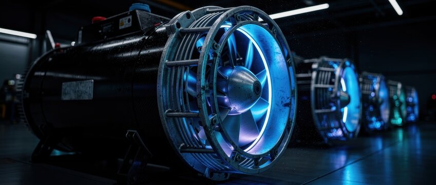 Industrial turbine fans glowing with blue neon lights in a dark factory setting. Modern high-tech machinery featuring advanced cooling systems. Futuristic engineering concept for technology marketing.