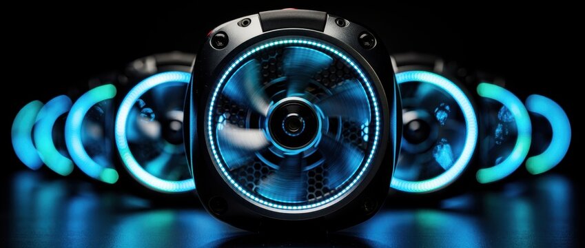 High-speed computer cooling fans with blue LED illumination. Professional PC hardware components spinning with motion blur against a dark backdrop. Performance thermal management for gaming gear.