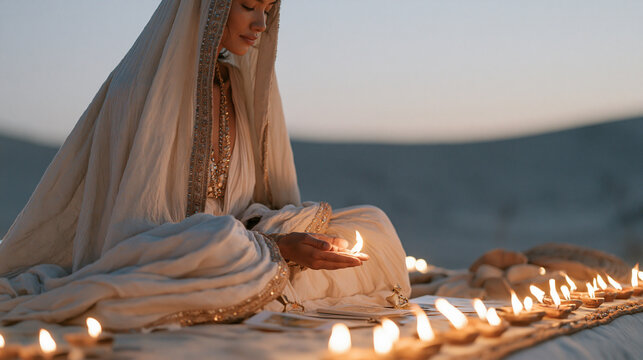 Palm reader seated alone in an empty desolate field at dusk with a row of Diwali diyas lit along a blanket edge as the group of curious visitors has just departed leaving only