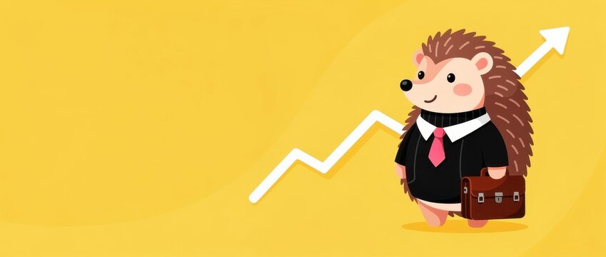 Cute hedgehog businessman in suit holding briefcase. Character stands against yellow background with rising growth arrow. Financial success concept, ideal for business marketing and presentations.