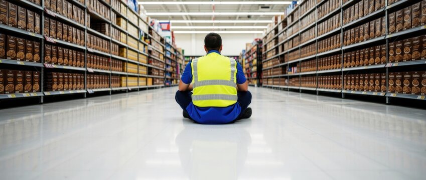 Man in reflective vest sitting in grocery store aisle. Retail worker taking a break or protesting on warehouse floor. Labor rights, worker fatigue, and retail industry management concept.