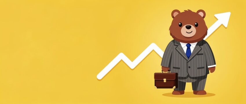 Cartoon bear in business suit holding a briefcase. Character standing before a rising growth arrow on yellow background. Financial success concept, ideal for investment and corporate marketing.