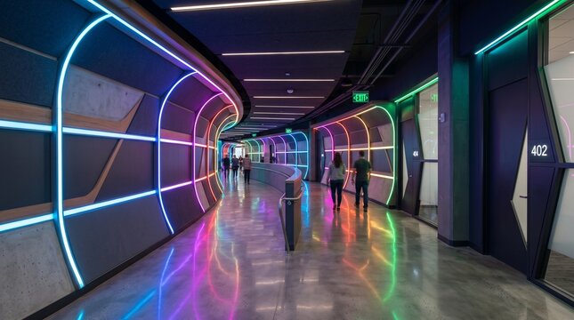 modern office hallway with neon lighting and people walking