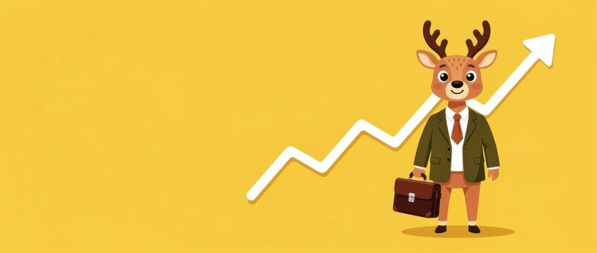 Cartoon deer businessman in a suit holding a briefcase. Character stands before an upward growth arrow on a yellow background. Financial success concept ideal for corporate marketing and ads.