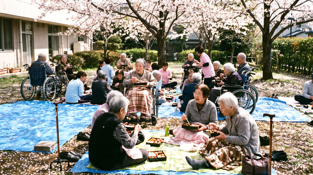 お花見をしながら弁当を食べる利用者