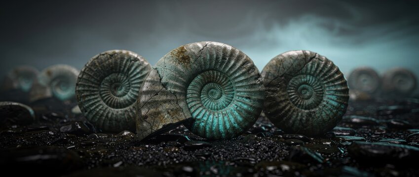 Ancient ammonite fossils on dark wet ground with cinematic lighting. Petrified spiral shells show detailed textures and teal accents. Paleontology concept for science and natural history projects.