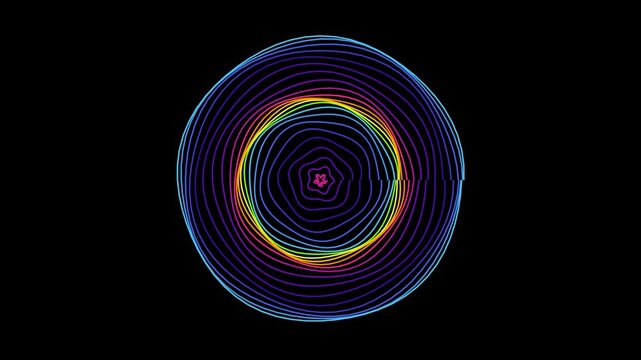 Abstract colorful wavy circles forming a hypnotic circular pattern on a dark black background 4K Motion Video