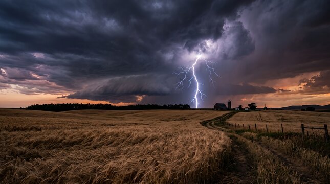 Dramatic Lightning Strike Over Rural Farm Field at Sunset