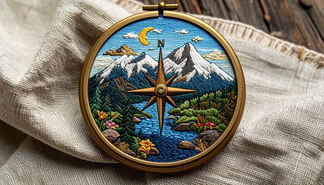 Embroidered travel badge design featuring mountains, compass and adventure elements, handmade textile aesthetic