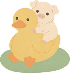 Fototapeta premium Cute little pig riding on a duck illustration
