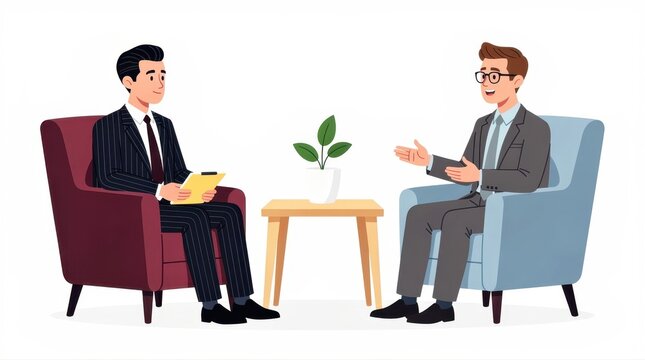 Two businessmen in professional suits sitting in armchairs and talking. One man holds a clipboard while conducting an interview in a bright office. Recruitment concept for HR and career coaching.