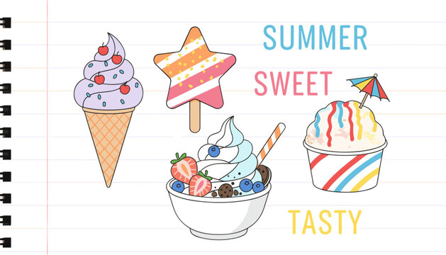 Colorful selection of summer frozen treats including soft serve ice cream, a star-shaped popsicle, and shaved ice over writing paper.