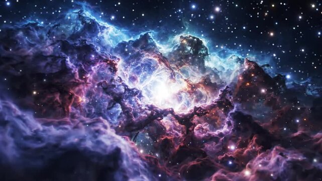 Vibrant nebula in deep space with bright star birth and glowing gas.