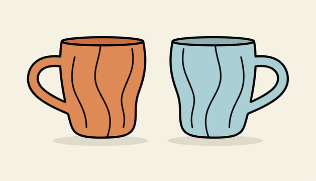 Two cute cartoon coffee mugs with wavy stripes standing side by side against a warm cream colored background.