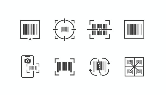 Set of eight vector barcode scanner and reader icons in black and white line art, isolated on a white background.