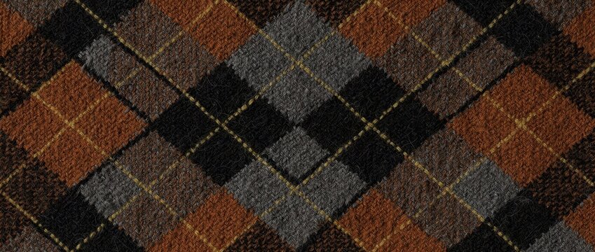 Close-up of argyle knitted fabric. Traditional wool diamond design in earth tones. Classic textile background for fashion and autumn marketing.