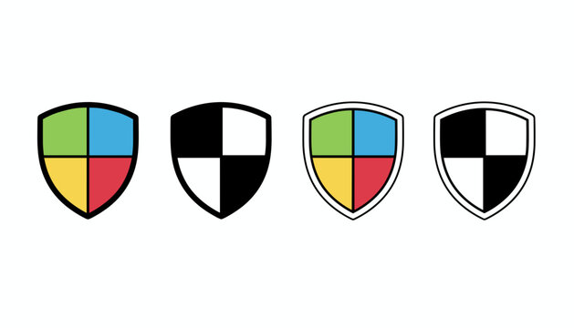 Security shield icons in colorful four quadrant pattern and black and white outline layout design versions.