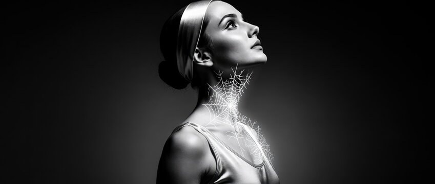 Woman in profile looking up with a glowing spiderweb graphic on her neck. Elegant model in a dark, high-contrast black and white portrait. Artistic concept of entrapment for fashion or mystery.