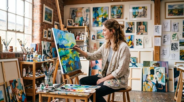 Young female artist painting in her vibrant studio
