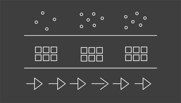 Infographic elements presenting scatter plots, grid blocks, and sequence arrows in white outline style on a dark grey background.