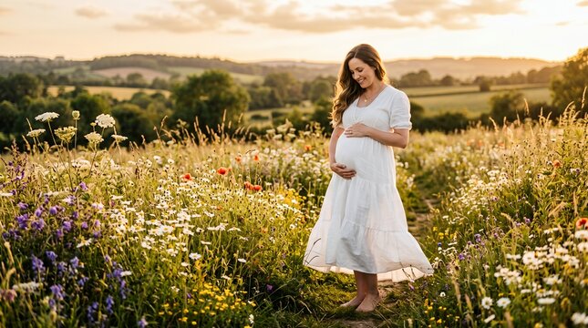 Pregnant woman in white dress embracing belly in wildflower field