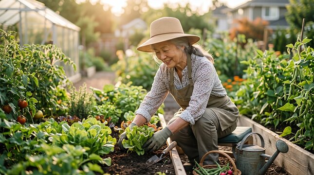 Happy senior Asian woman harvesting fresh vegetables in garden