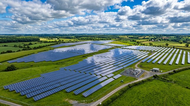Aerial view of a vast solar farm in lush green countryside