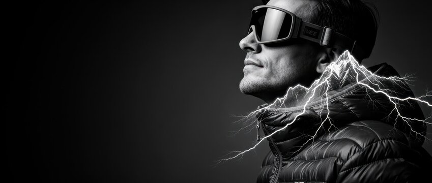 Man in ski goggles looking up in profile. Artistic double exposure with lightning mountain peaks on a puffer jacket. Power and adventure concept for winter sports marketing.
