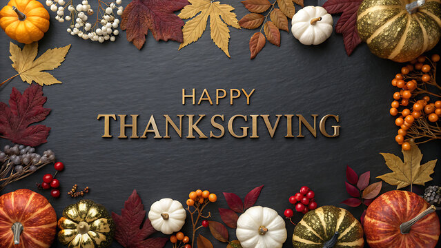Elegant Happy Thanksgiving Greeting on Dark Slate with Gold Lettering, Pumpkins, Leaves, and Berries