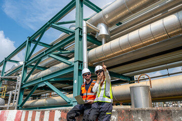 Naklejka premium Technician teamwork inspecting petroleum engineering in oil refinery inspection check collaboration at fuel industrial plant Two engineers holding laptop and radio pointing near pipeline rack