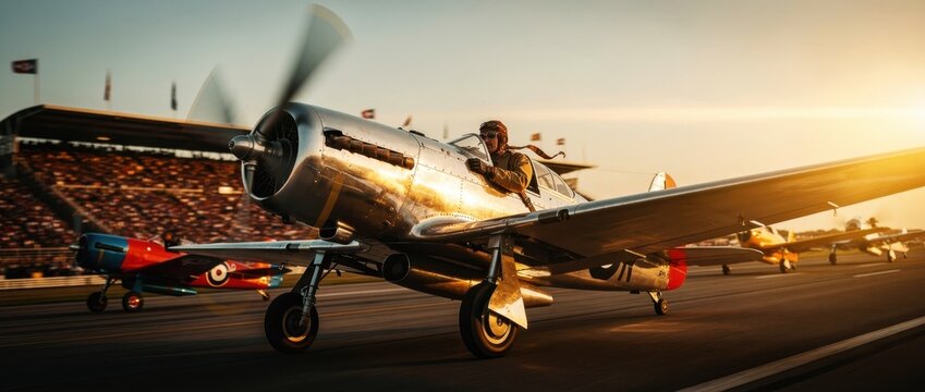 Vintage silver propeller airplane taxiing on a runway with a pilot in the cockpit. Sunset lighting illuminates the metallic fuselage during an airshow. Classic aviation heritage concept.