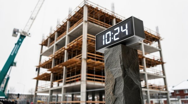 Digital clock on stone pillar before unfinished building frame. Modern timer at construction site with crane. Project deadline concept for real estate and urban planning marketing.